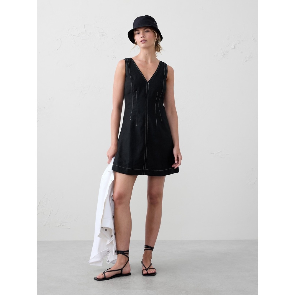 Banana Republic Linen-Blend Seamed Bodice Mini Dress In Black Women's Size 14
